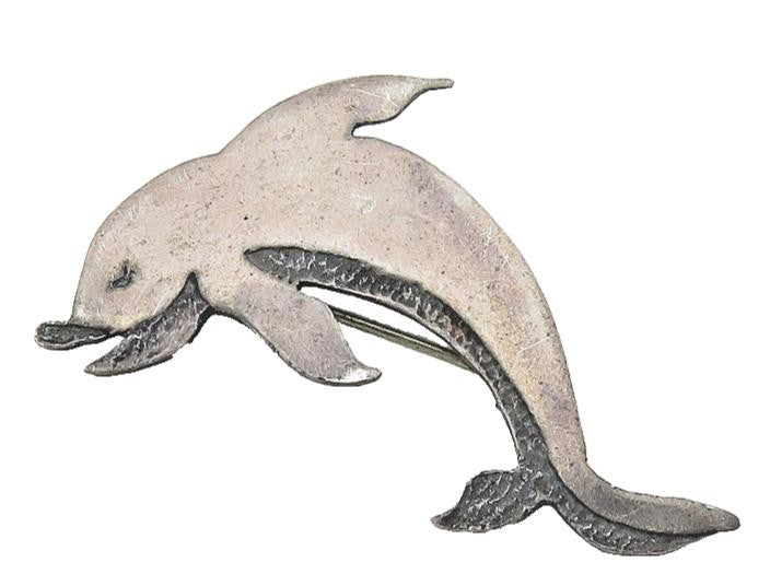 925 Sterling Silver  Vintage Oxidized Leaping Dolphins Brooch Pin  BP4204
