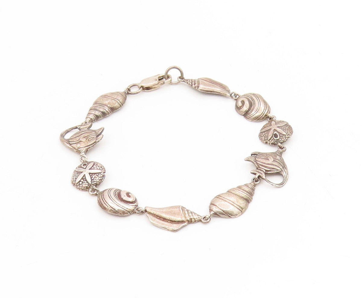 925 Sterling Silver Vintage Bracelet Modernist Seashell Coastal Charms  BT11719