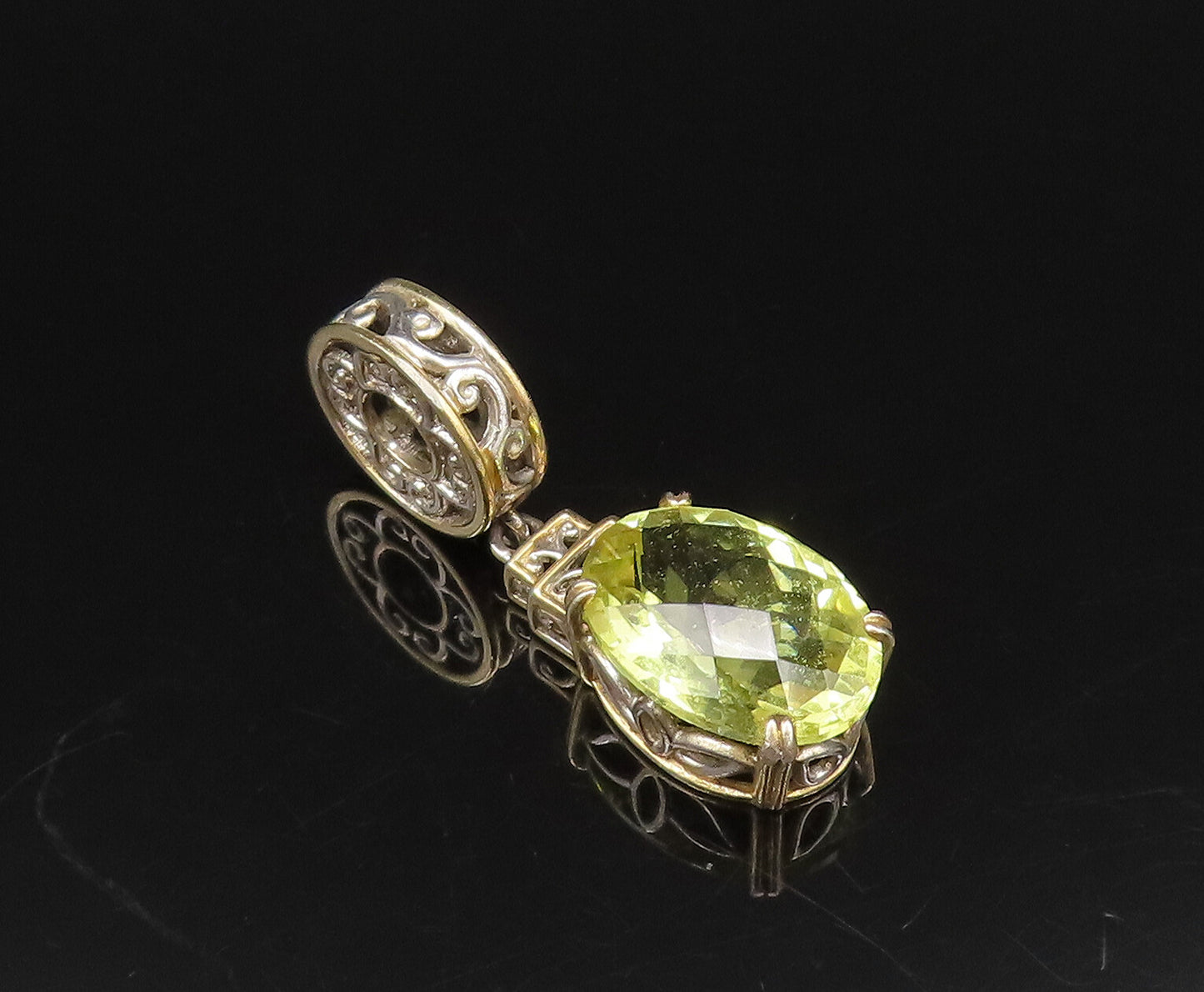 925 Sterling Silver  Vintage Swirl Cutout Yellow Topaz Floral Pendant  PT21861