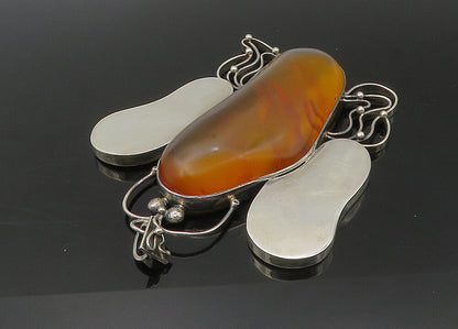925 Sterling Silver Vintage Cabochon Amber Butterfly Heavy Large Pendant PT18351