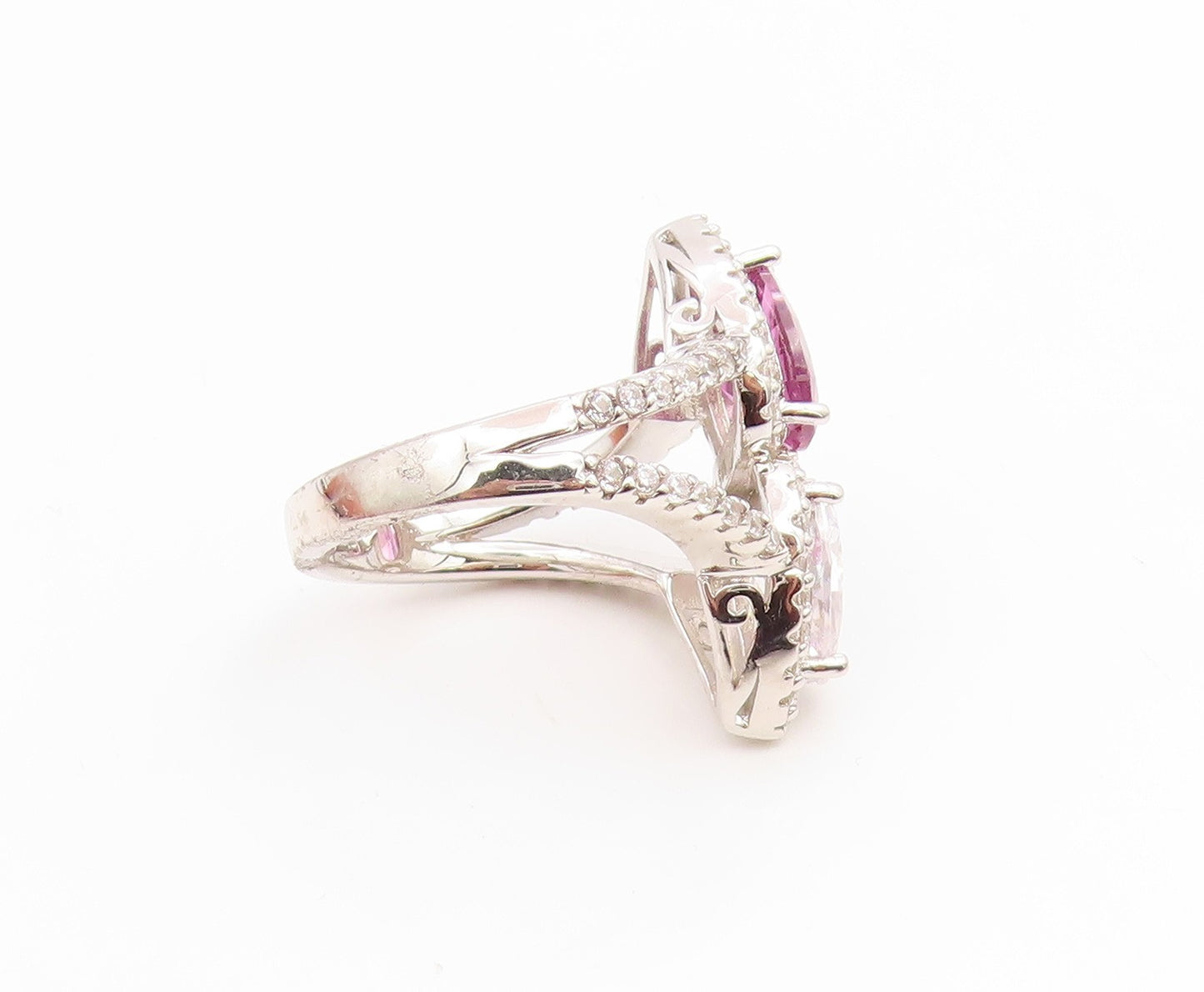 925 Sterling Silver Vintage Ring Elegant Pear Cut Amethyst & CZ  Sz 7  RG35834