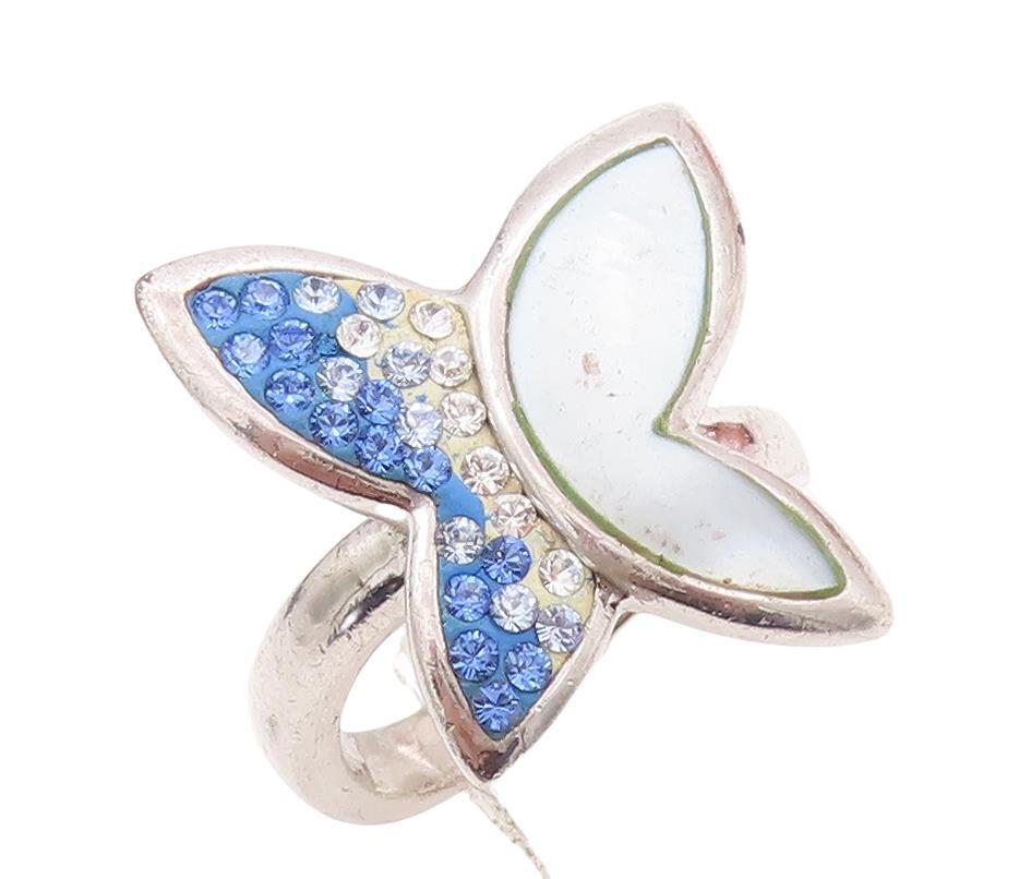 925 Sterling Silver Vintage Ring Solid Rhinestone Inlay Butterfly  Sz 7  RG28565