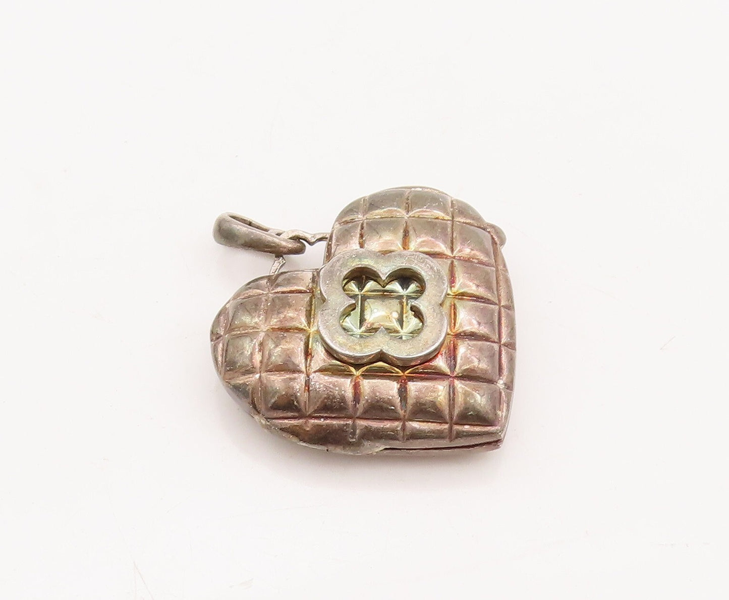 925 Sterling Silver Vintage Pendant Box Carved Flower On Heart (OPENS)  PT23480