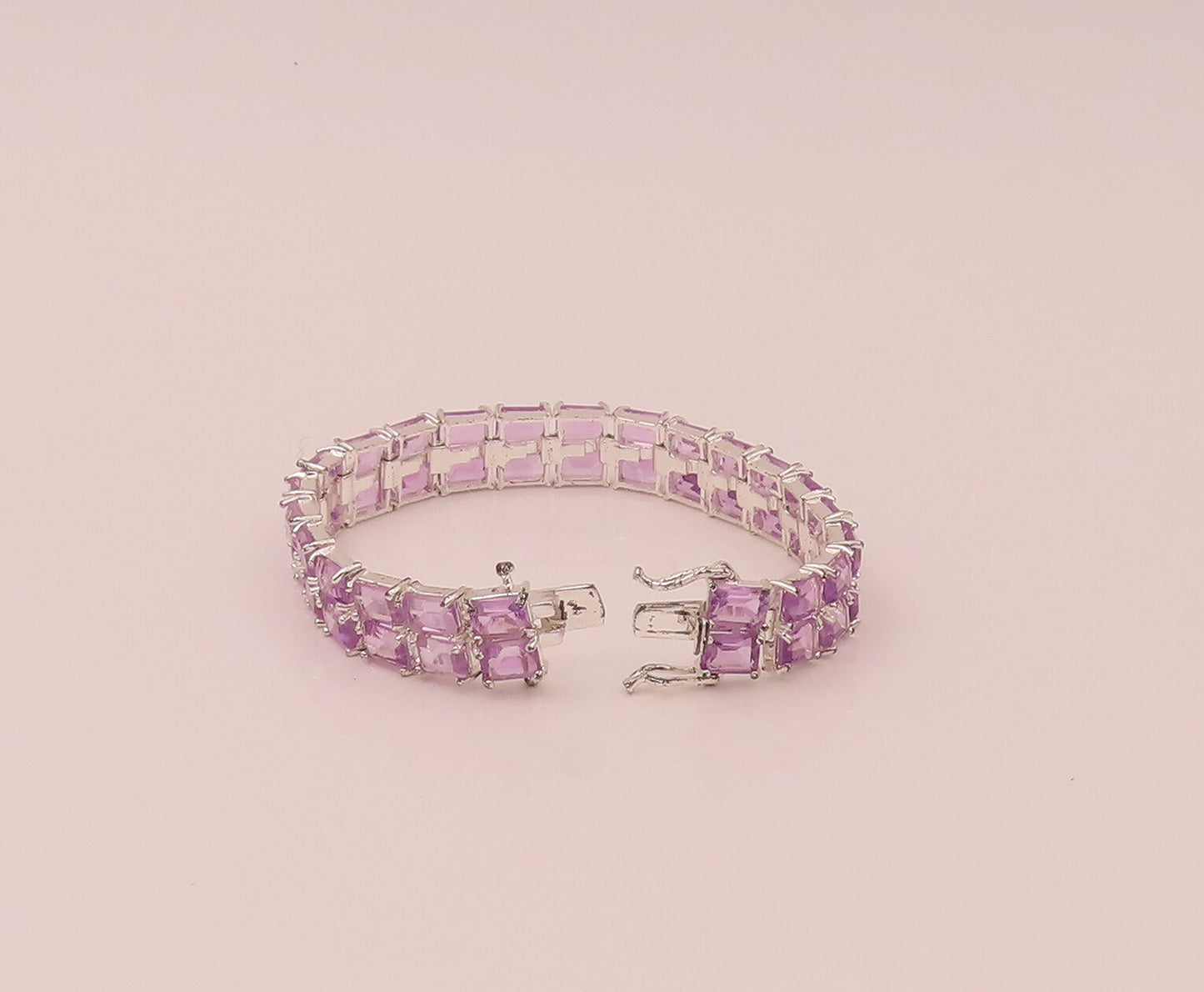 925 Sterling Silver  Vintage Amethyst Rectangular Double Band Bracelet  BT9822