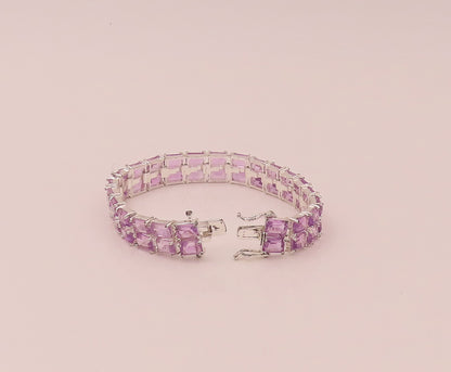 925 Sterling Silver  Vintage Amethyst Rectangular Double Band Bracelet  BT9822