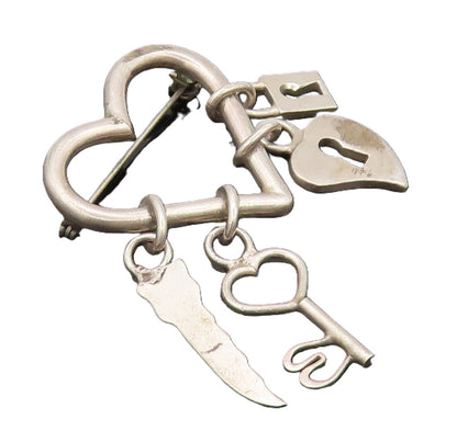 925 Sterling Silver  Vintage Love Heart Dangling Charms Brooch Pin  BP10427