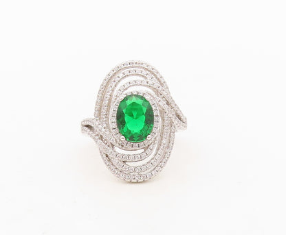 925 Sterling Silver Vintage Ring Oval Cut Green Halo White CZ   Sz 7.5  RG30436