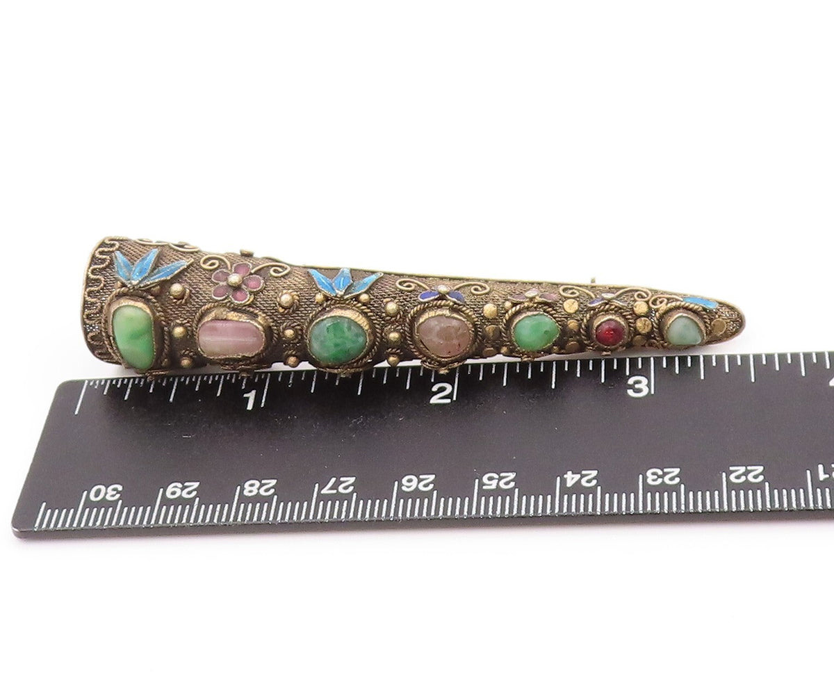 925 Sterling Silver Vintage Brooch CHINESE EXPORT Gold Plated Gemstones  BP11531