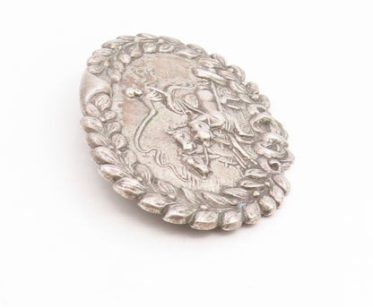925 Sterling Silver Vintage Brooch Pin Carved Royal Charioteer & Horses  BP12390