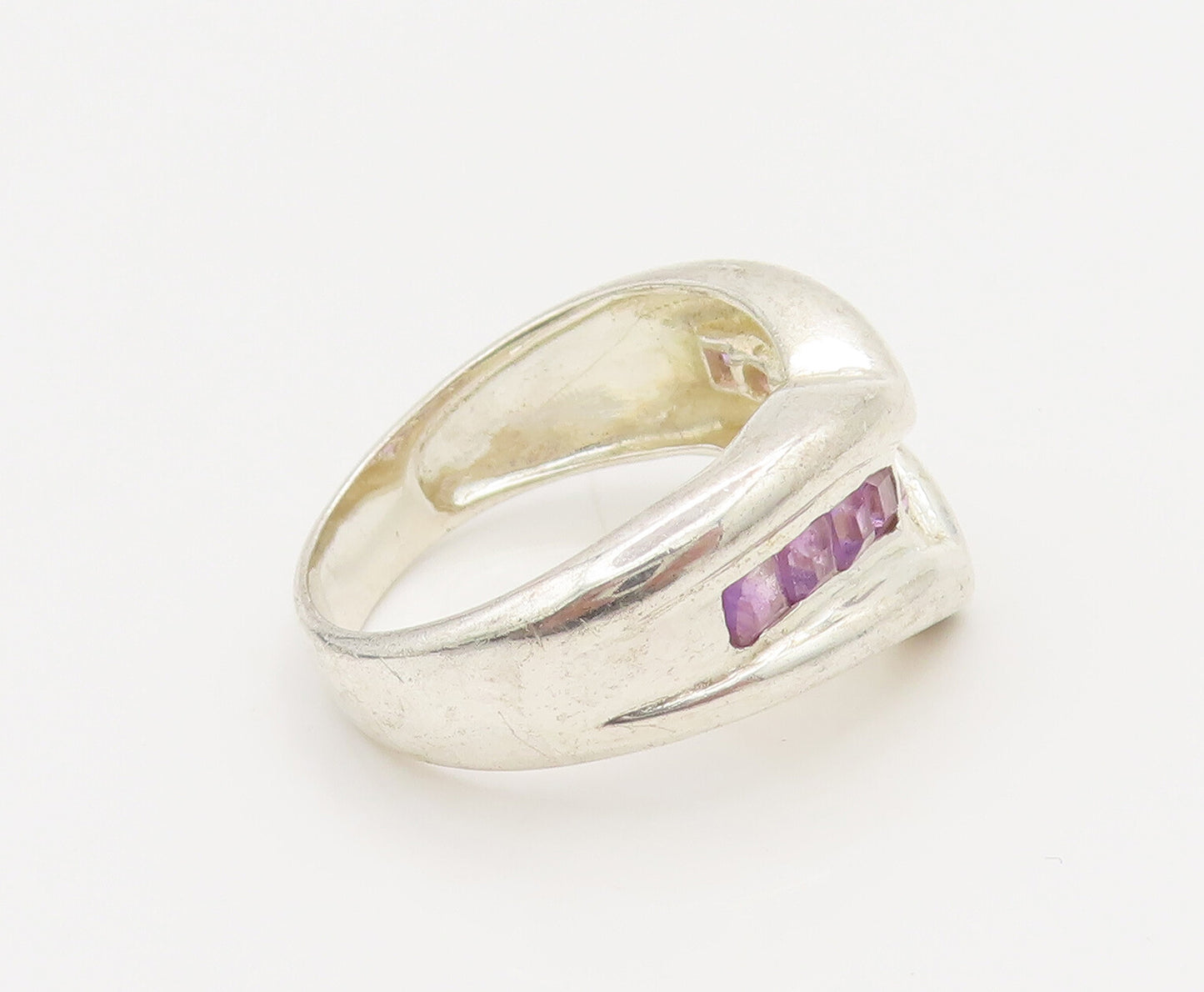 925 Sterling Silver  Vintage Minimalist Inlay Purple Topaz Ring Sz 9  RG26950