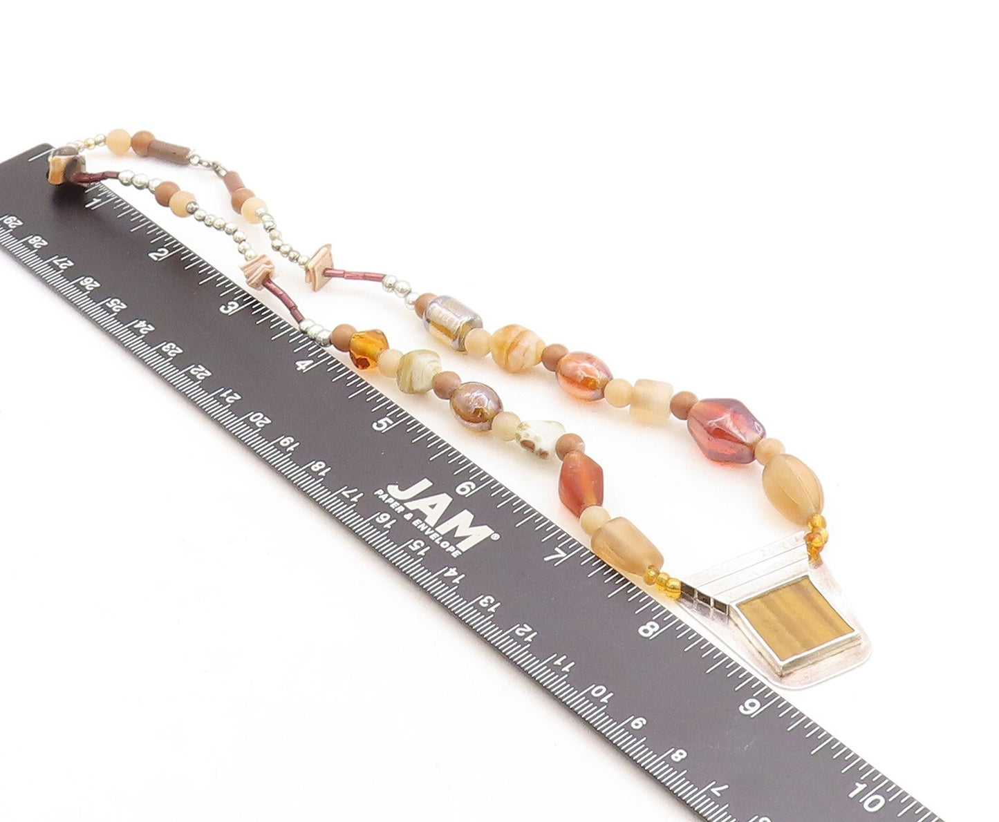 925 Silver  Vintage Tiger's Eye Agate & Carnelian Beaded Necklace  NE1886
