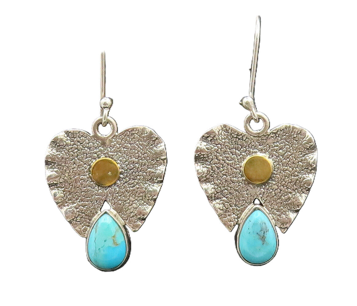 925 Silver  Vintage Hammered Crush Cutout Heart Turquoise Earrings  EG12528