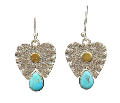 925 Silver  Vintage Hammered Crush Cutout Heart Turquoise Earrings  EG12528