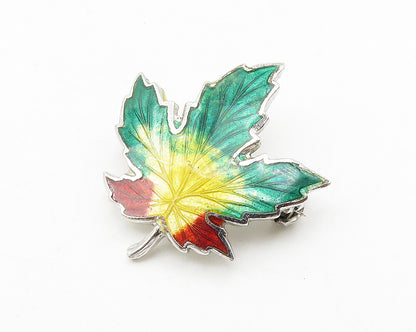 925 Sterling Silver  Vintage Enamel Coated Autumn Leaf Brooch Pin  BP4247