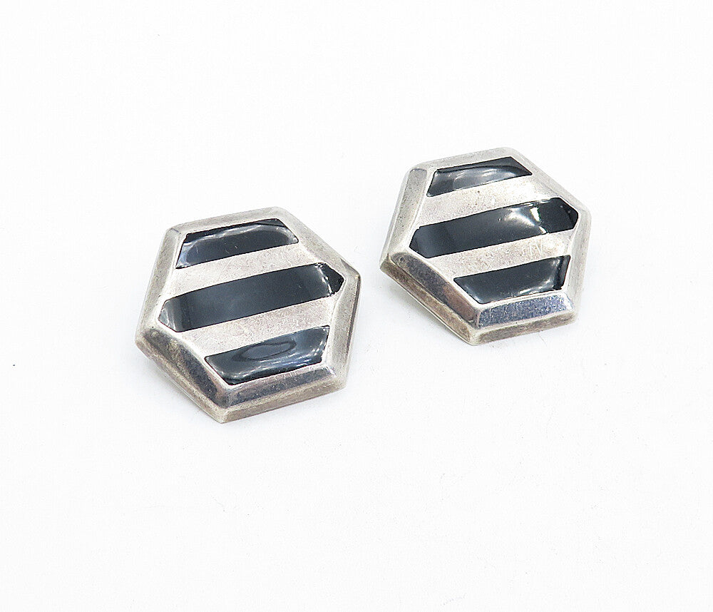 MEXICO 925 Silver  Vintage Black Onyx Striped Non Pierce Earrings  EG2172