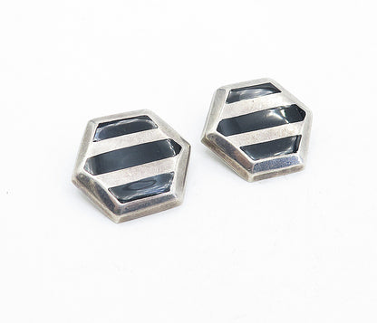 MEXICO 925 Silver  Vintage Black Onyx Striped Non Pierce Earrings  EG2172