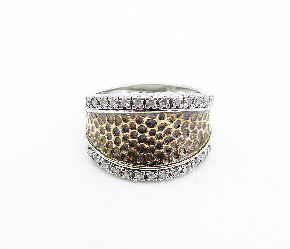 ESPO 925 Sterling Silver  Vintage Topaz 2 Tone Hammered Band Ring Sz 9  RG4839