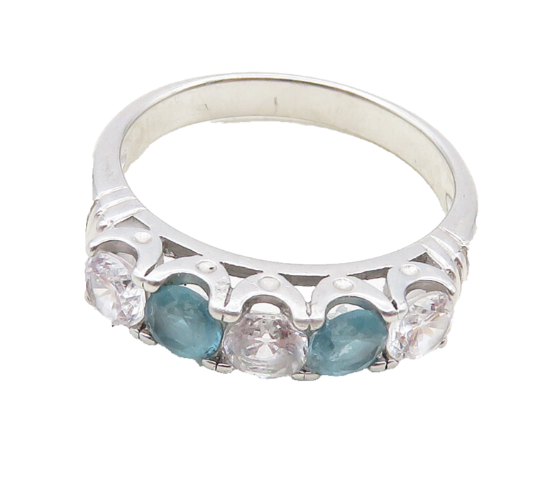 925 Sterling Silver  Shiny Cubic Zirconia & Blue Topaz Band Ring Sz 7  RG10044