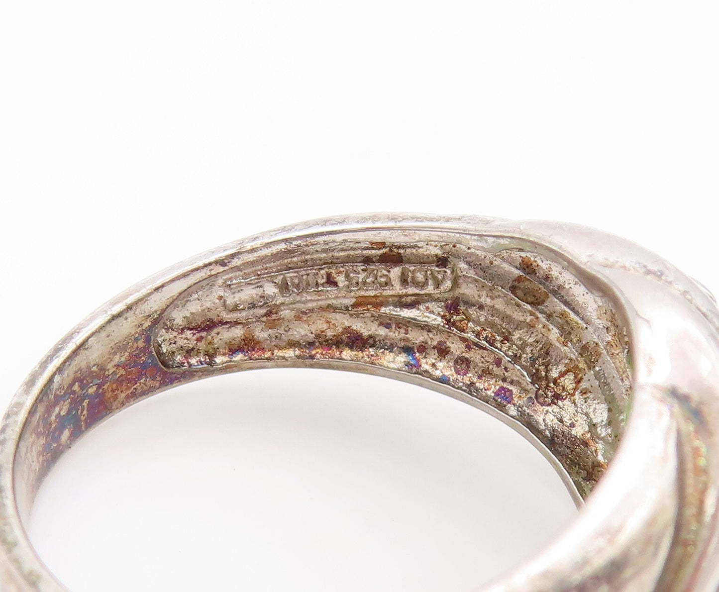 925 Sterling Silver Vintage Ring Designer Grooved Triangle Peridot Sz 8  RG30768