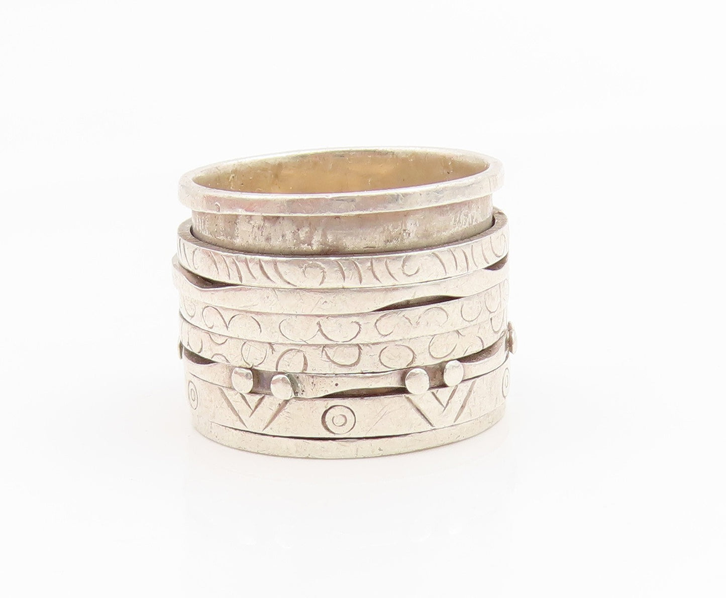 925 Sterling Silver Vintage Ring Etched Meditation Spinner Band  Sz 7.5  RG35109