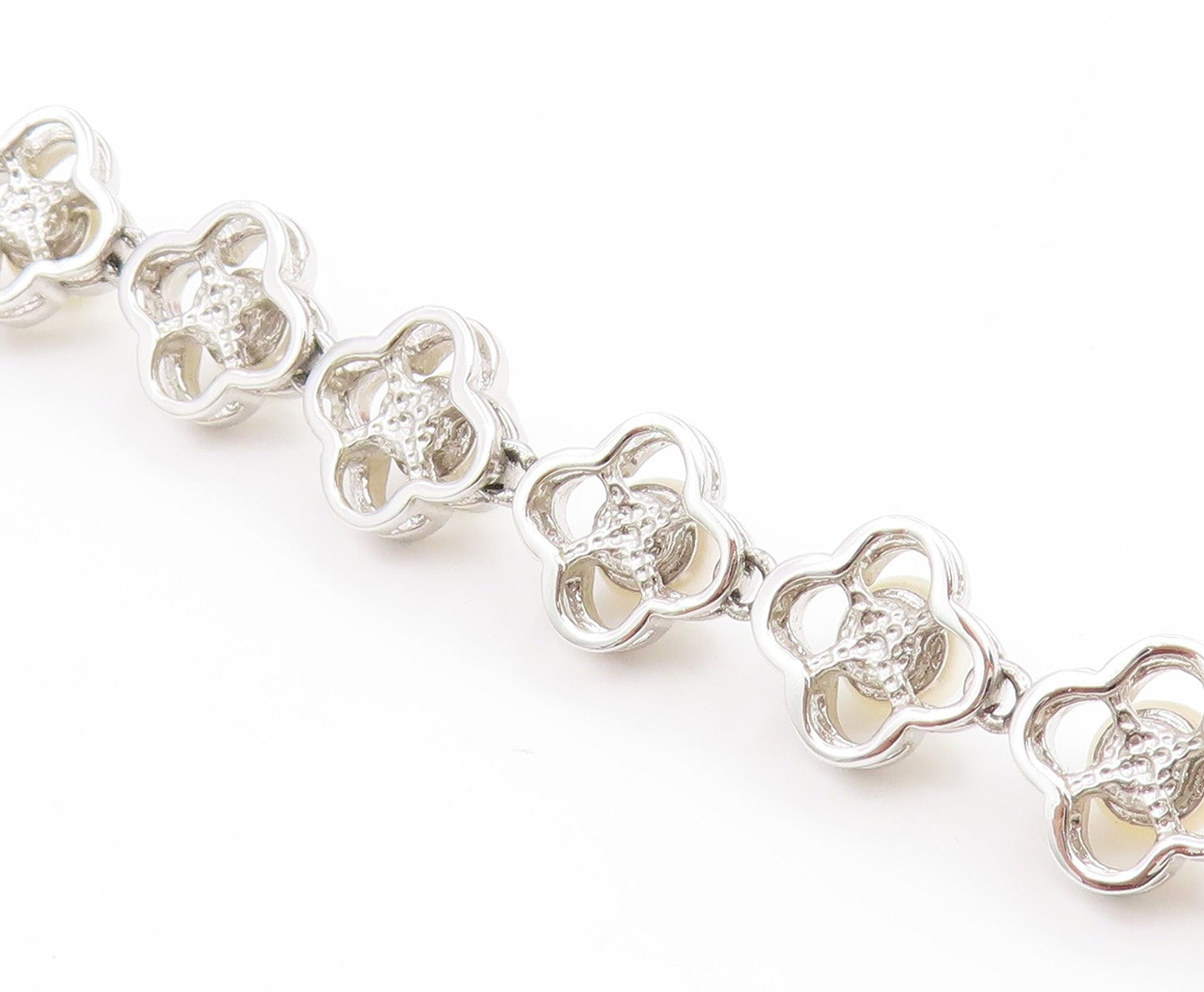 925 Sterling Silver Vintage Necklace White Pearl Elegant Floral Chain  NE4811