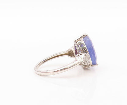 925 Sterling Silver Vintage Ring Diamonds Inlay Drop Cut Tanzanite Sz 8  RG30209