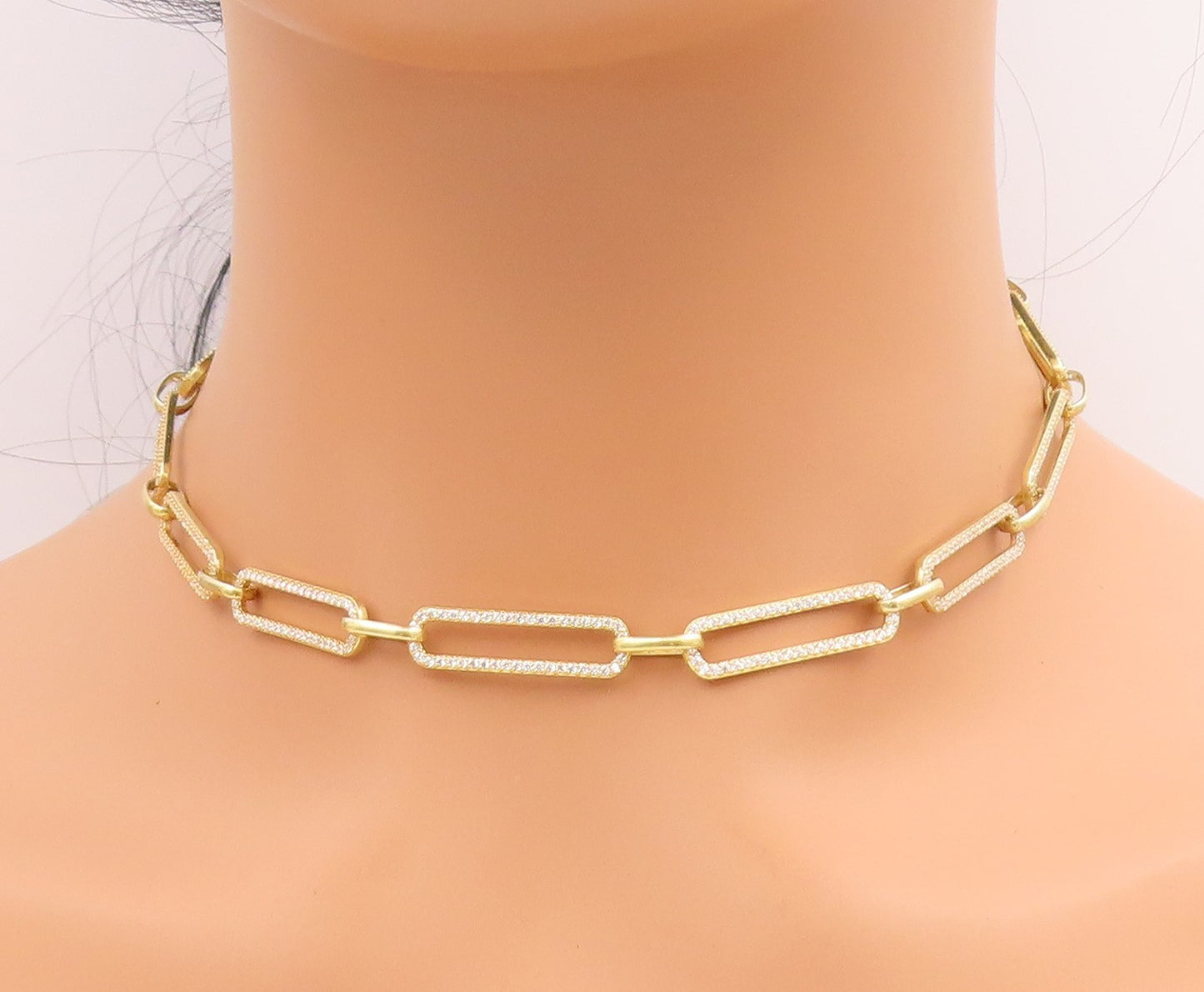 925 Sterling Silver Vintage Necklace Gold Plated CZ Paper Clips Design  NE4611