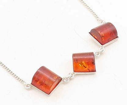 925 Sterling Silver Amber 3 Stone Shiny Thin Curb Link Chain Necklace NE1087