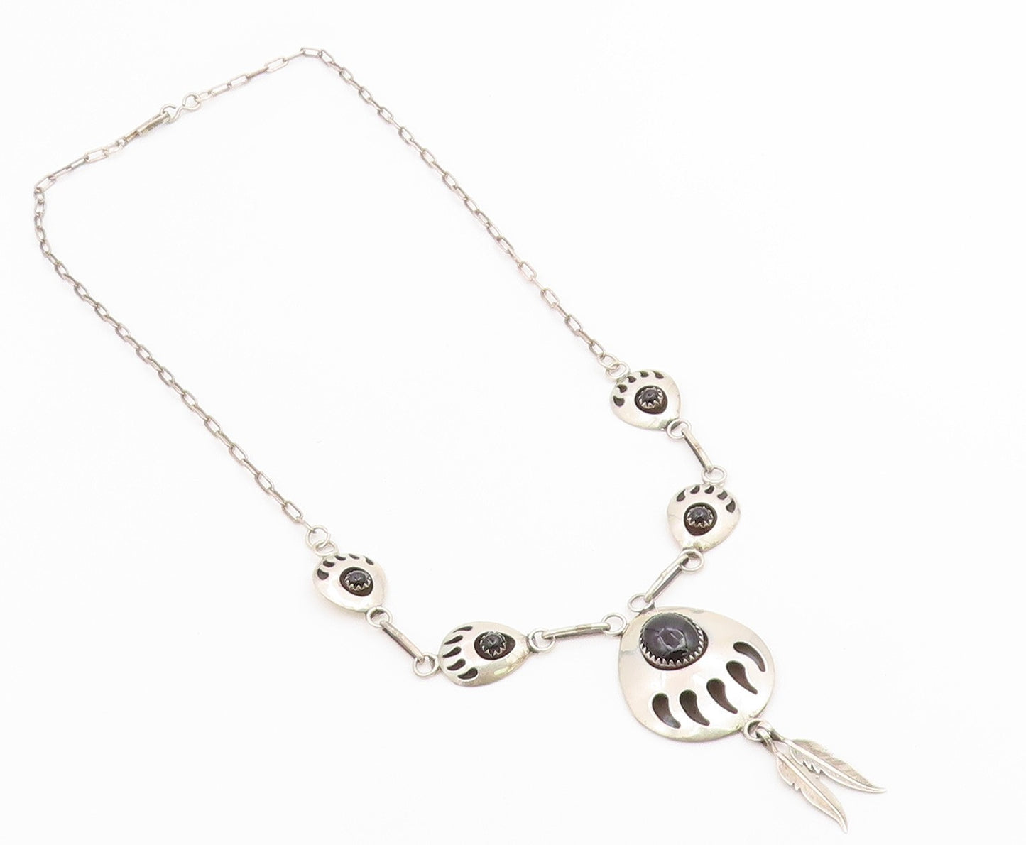 925 Sterling Silver Vintage Necklace NAVAJO Black Onyx Feather Drop Chain NE4908