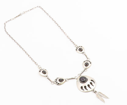 925 Sterling Silver Vintage Necklace NAVAJO Black Onyx Feather Drop Chain NE4908