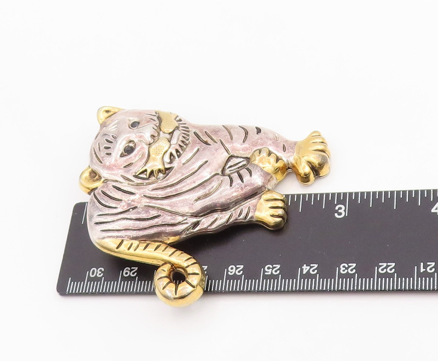 925 Sterling Silver Vintage Brooch Etched Two Tone Roaring Tiger Pin  BP11991