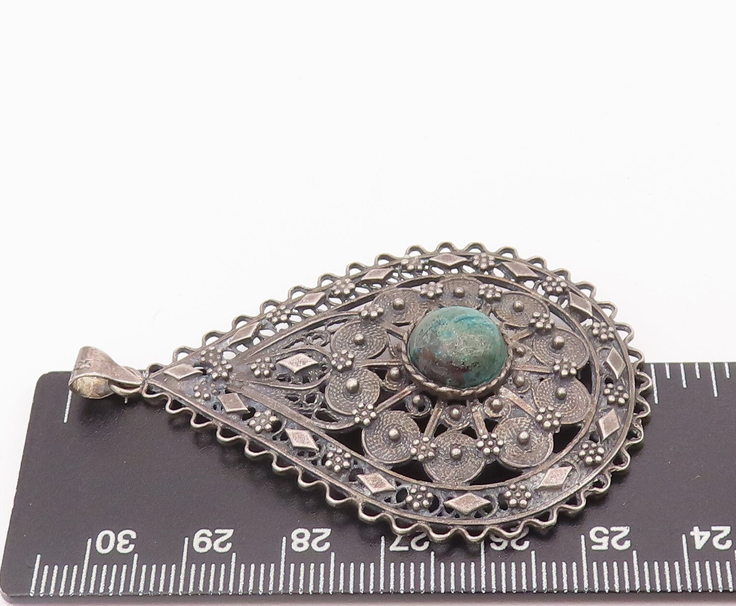 925 Sterling Silver Vintage Pendant Drop Floral Carved Domed Turquoise  PT22813