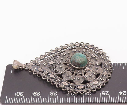 925 Sterling Silver Vintage Pendant Drop Floral Carved Domed Turquoise  PT22813