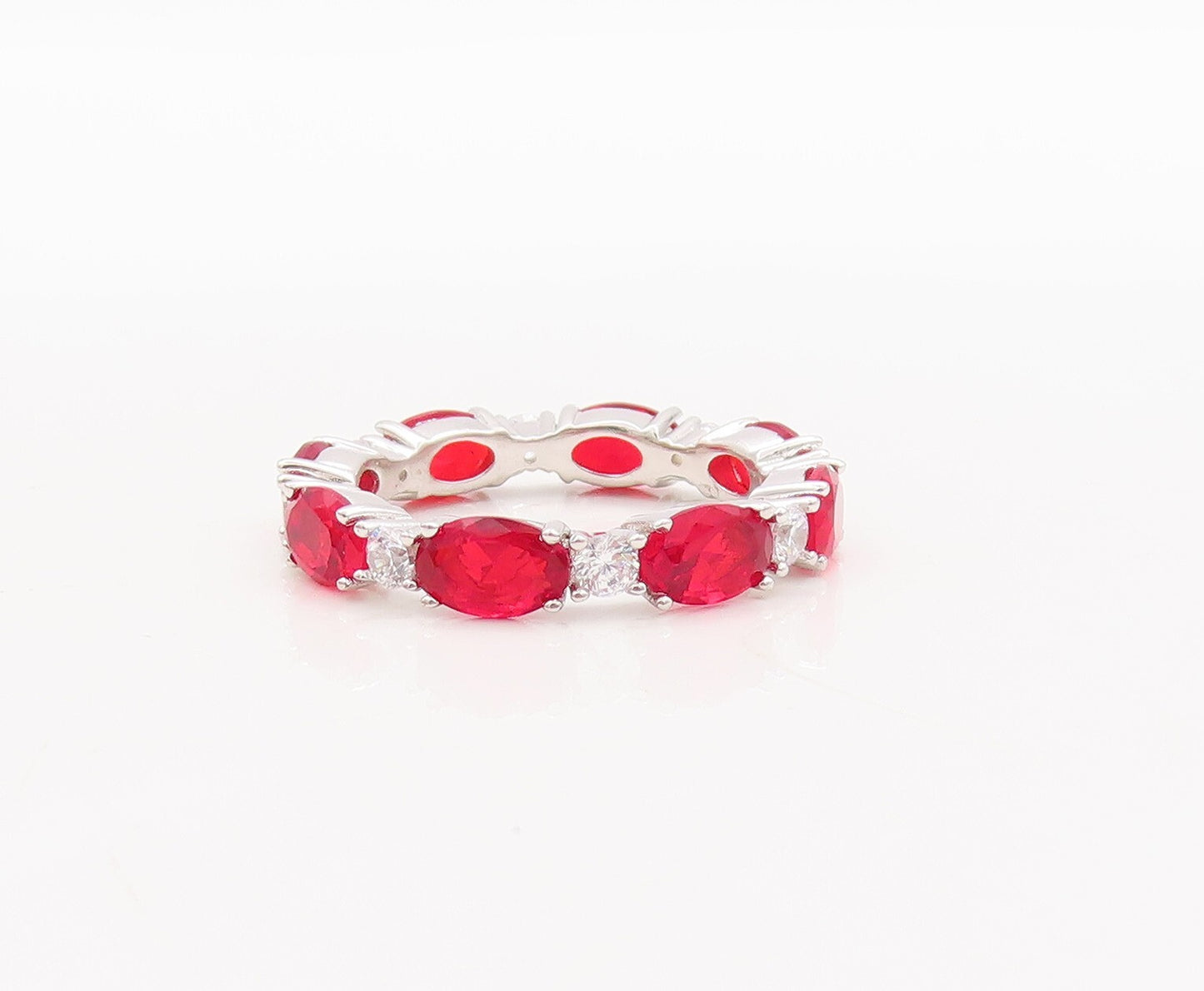925 Sterling Silver Vintage Ring Oval Cut Red & Round CZ Band  Sz 7  RG29553
