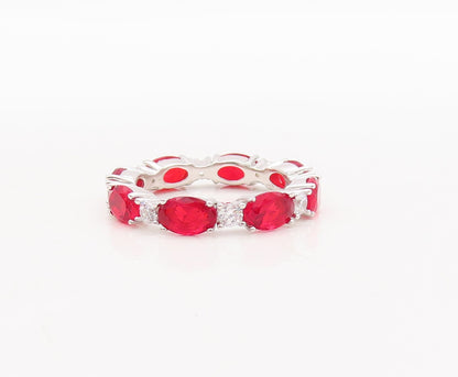 925 Sterling Silver Vintage Ring Oval Cut Red & Round CZ Band  Sz 7  RG29553