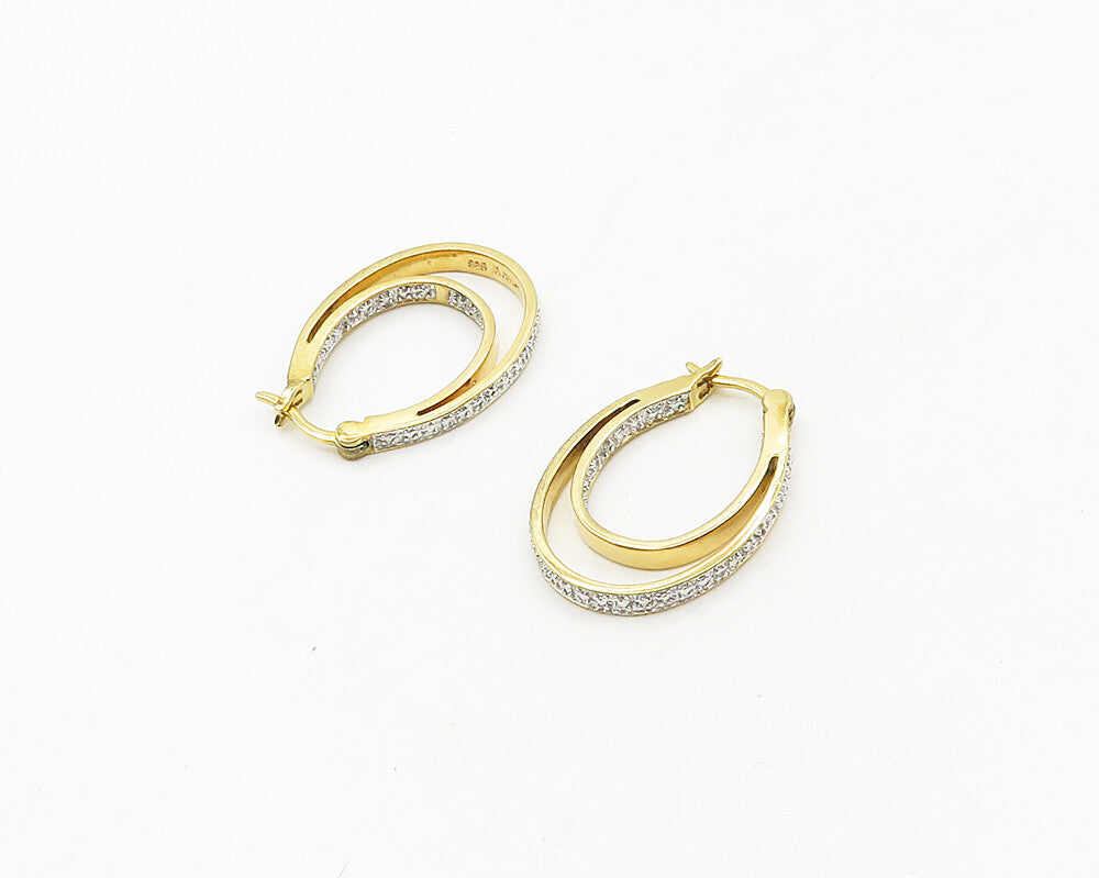 925 Sterling Silver  Genuine Diamonds Gold Plated Oval Hoop Earrings  EG9397