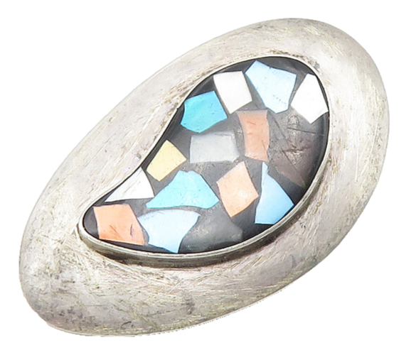 ISRAEL 925 Sterling Silver  Vintage Mother Of Pearl Mosaic Brooch Pin  BP4273