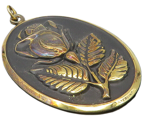 925 Sterling Silver  Vintage Two Tone Rose Flower Oval Drop Pendant  PT9273