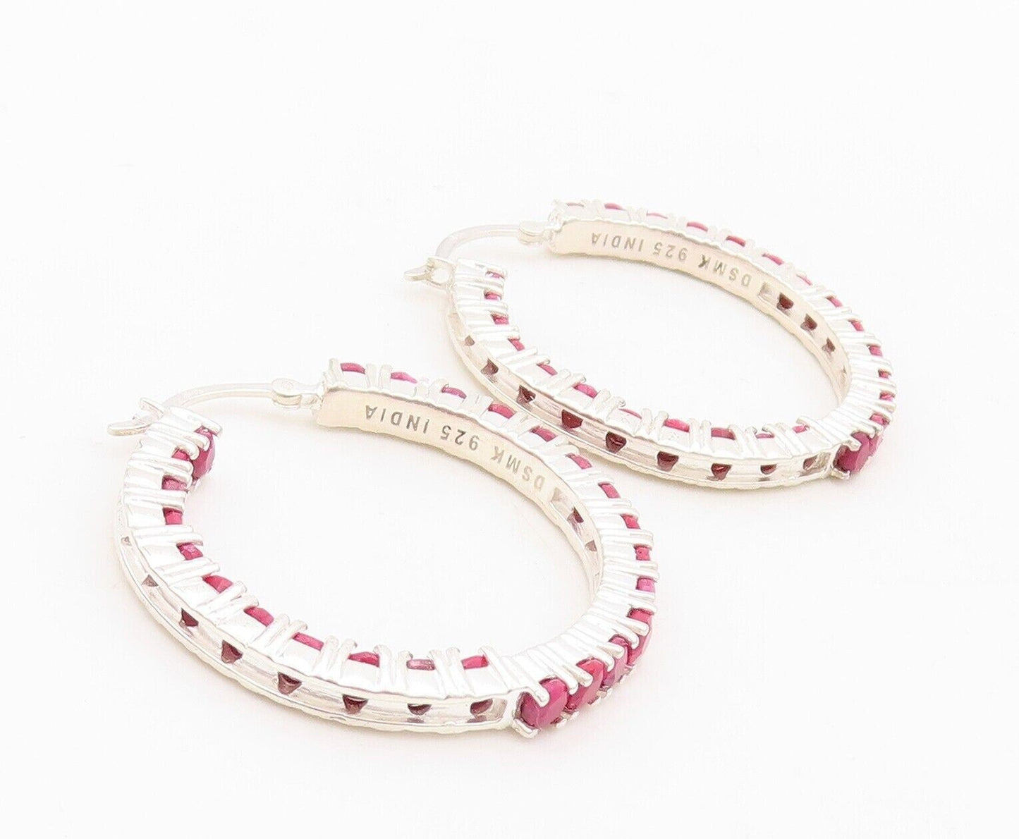 925 Sterling Silver Vintage Earrings Minimalist Ruby Inlay Hoops  EG13153