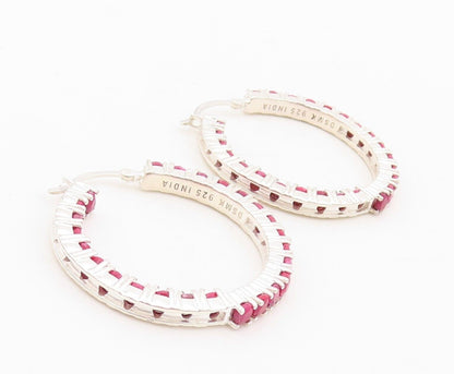 925 Sterling Silver Vintage Earrings Minimalist Ruby Inlay Hoops  EG13153