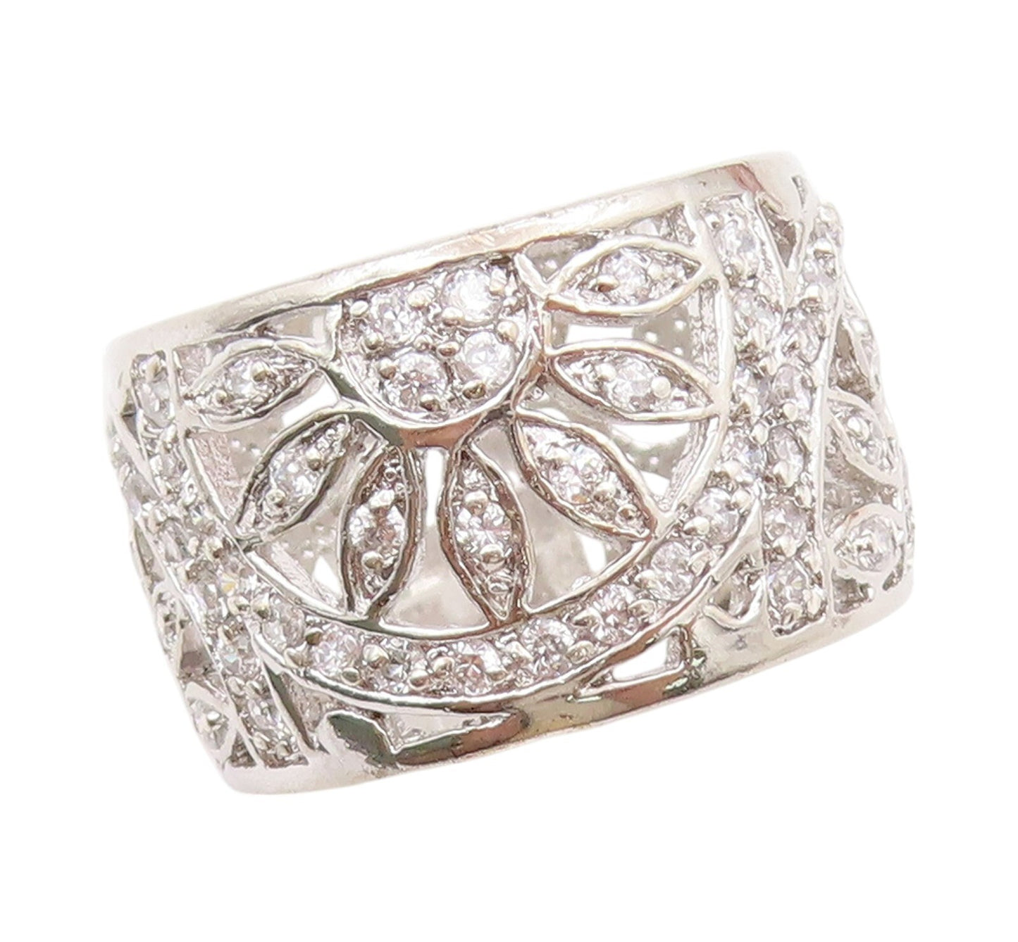 925 Sterling Silver Vintage Ring Modernist CZ Inlay Floral Design  Sz 6  RG31882