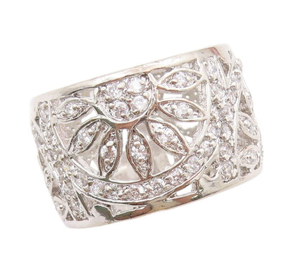 925 Sterling Silver Vintage Ring Modernist CZ Inlay Floral Design  Sz 6  RG31882