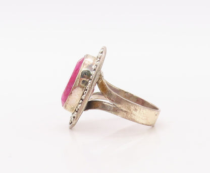 925 Sterling Silver Vintage Ring Oval Pink Gemstone Bead Framed  Sz 9  RG30759