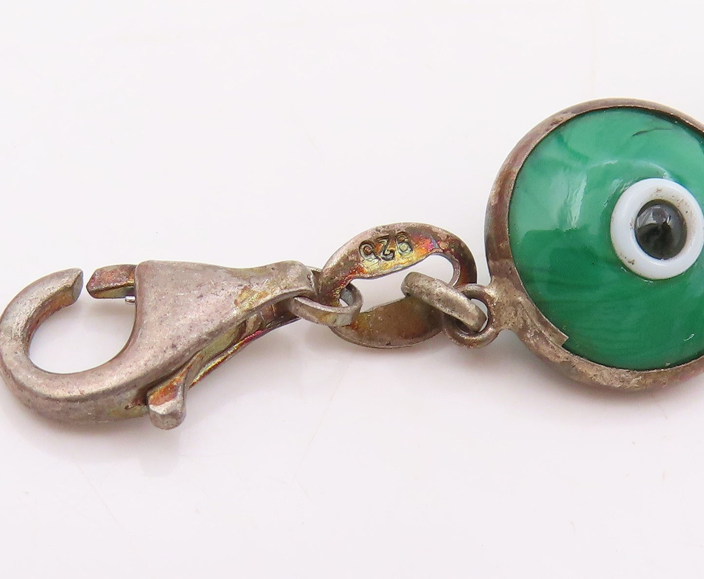925 Sterling Silver Vintage Bracelet Green Evil Eye Design Link Chain  BT11556
