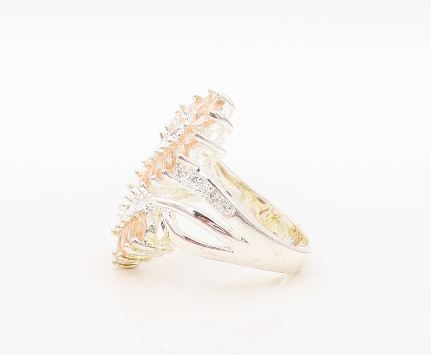 925 Sterling Silver Vintage Ring Marquise Cut Floral Topaz Bypass Sz 7.5 RG31132