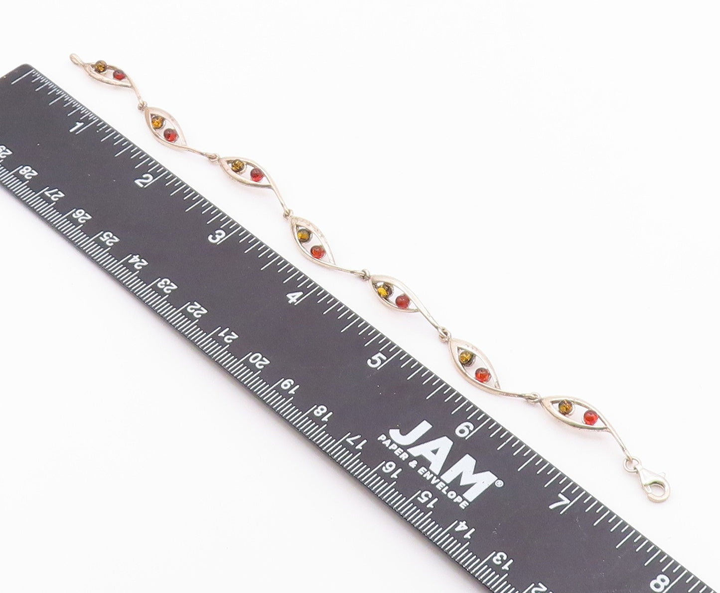 925 Sterling Silver  Vintage Petite Cabochon Cut Amber Chain Bracelet  BT8772
