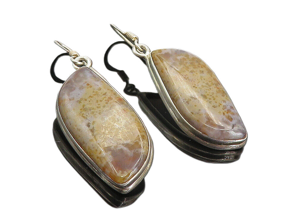 925 Sterling Silver  Vintage Brown Agate Shiny Bail Dangle Earrings  EG3187