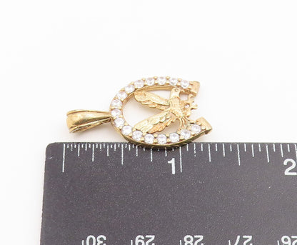 925 Sterling Silver Vintage Pendant Gold Plated CZ Horseshoe Eagle  PT26617