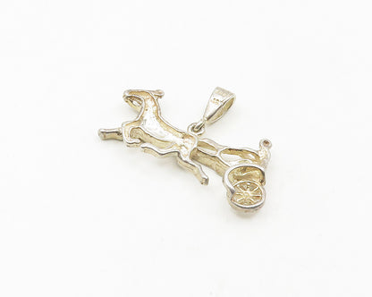 925 Sterling Silver  Vintage Shiny Galloping Horse & Carriage Pendant  PT14727