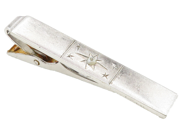 925 Sterling Silver  Vintage Petite Pearl Shiny Star Etched Tie Clip  TR1647
